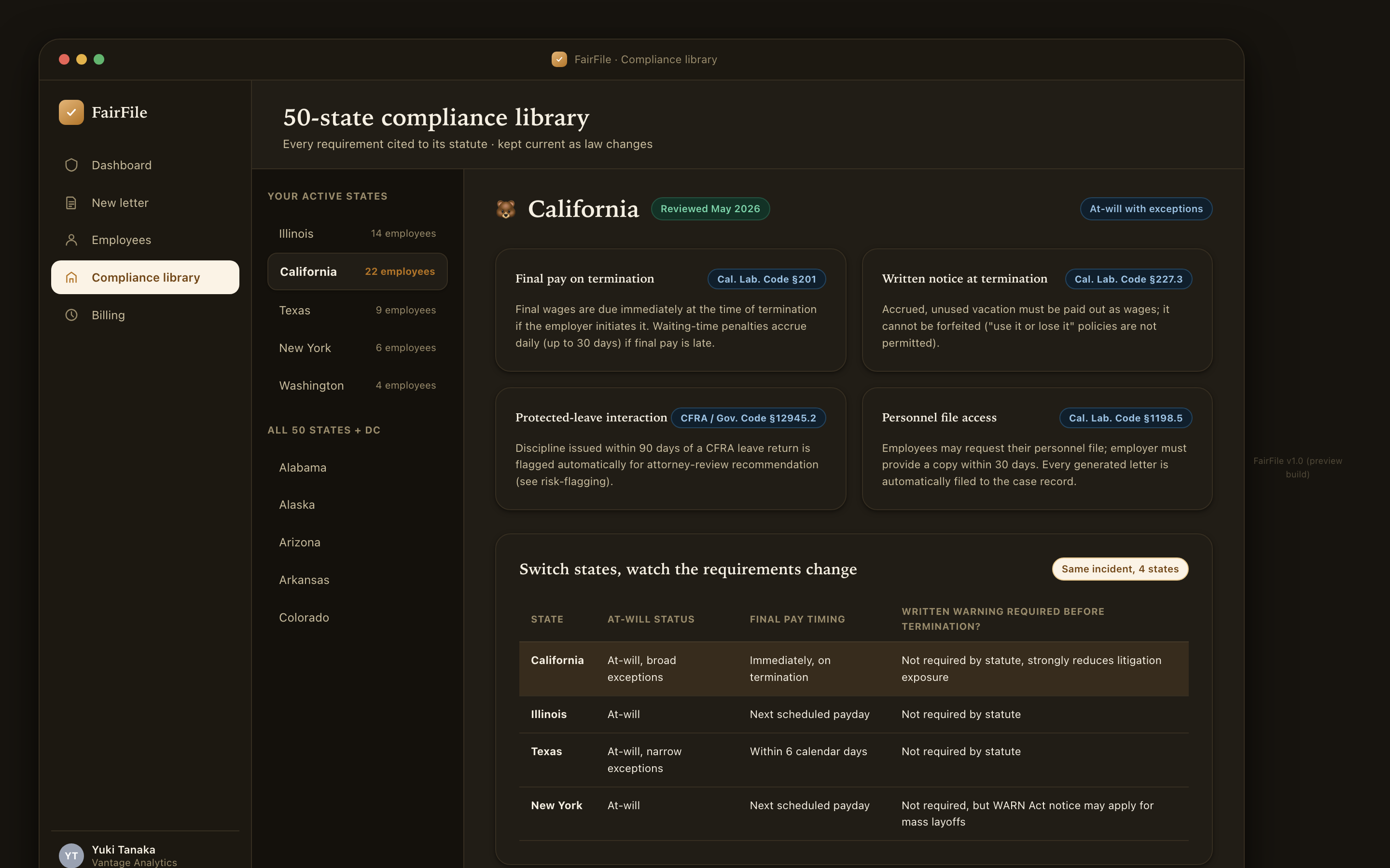 50-state compliance library with California selected, dark mode.