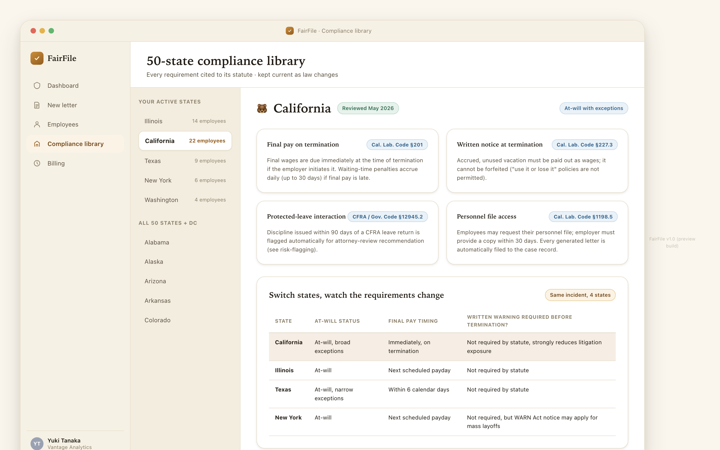 50-state compliance library with California selected, showing four cited statute requirement cards and a cross-state comparison table.